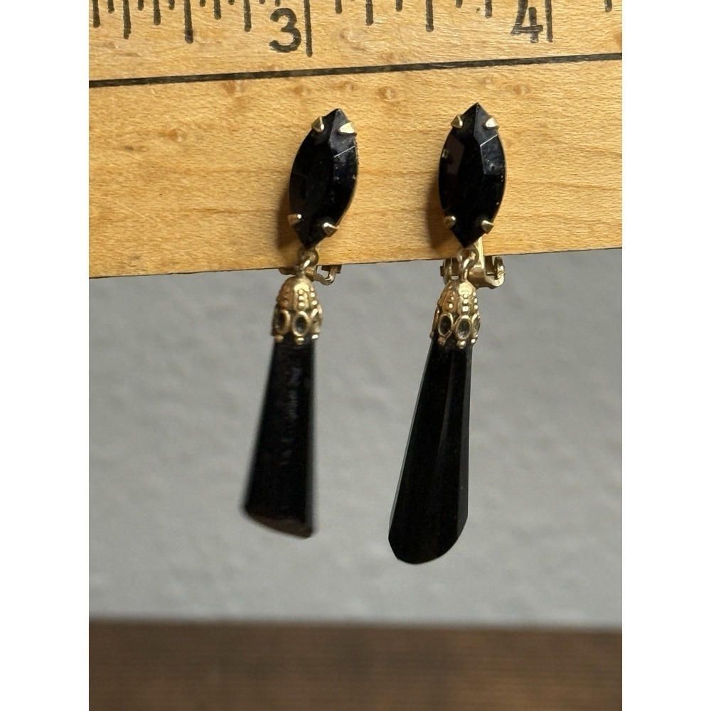 Lewis Segal California Designer Black Onyx Dangle Drop Earrings Clip On